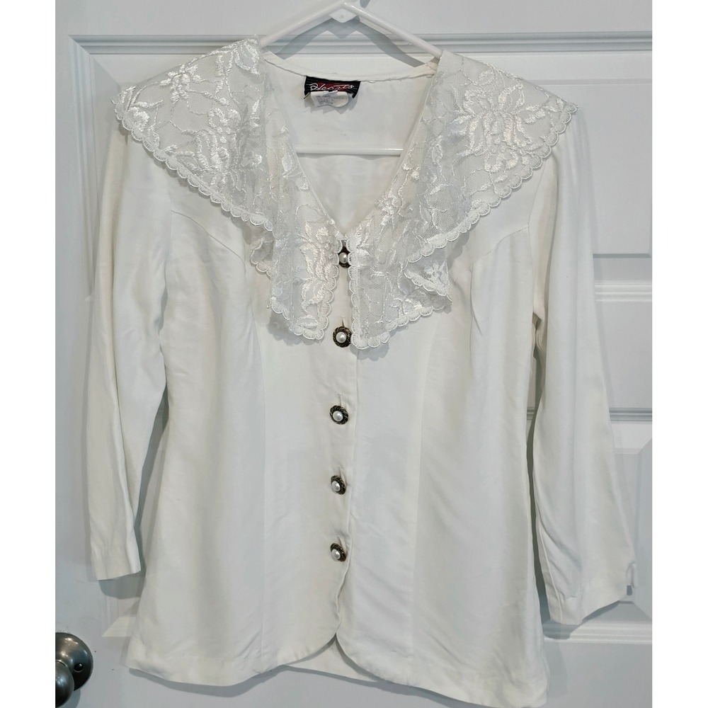Hearts Blouse Womens 6 White Lace Collar Button Front Vintage Chic Preppy Boho
